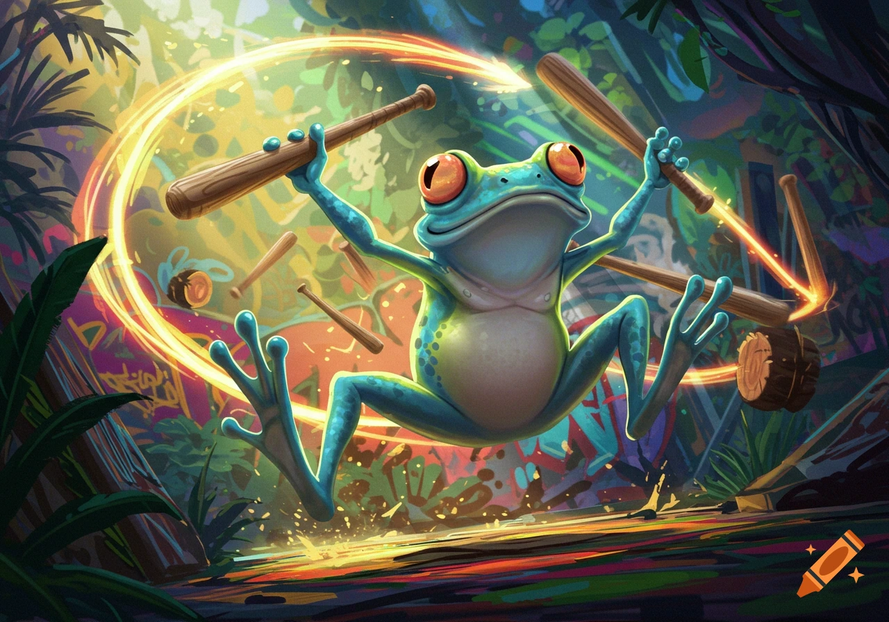 A vibrant, stylized cartoon frog in a jungle, jumping while holding two baseball bats with glowing trails.