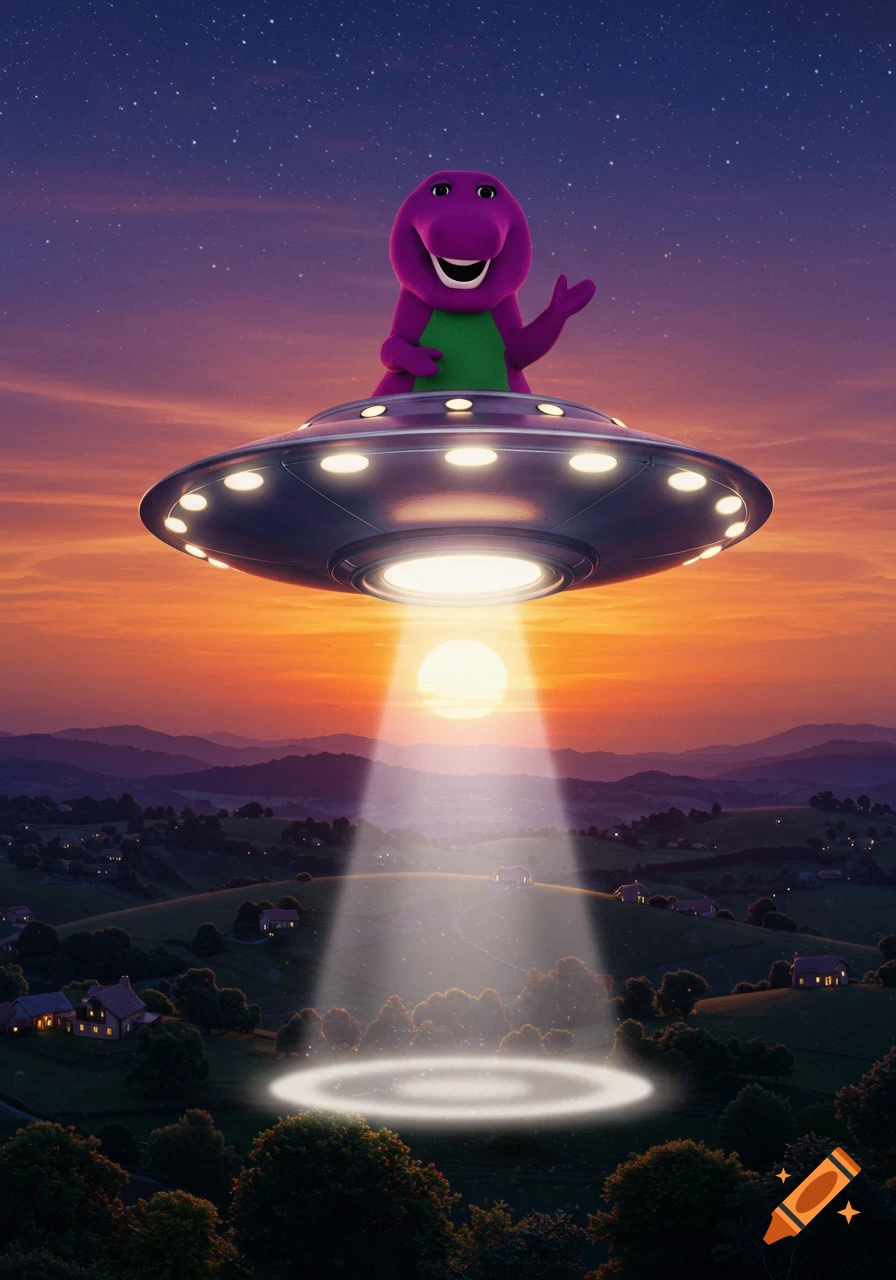 Barney the dinosaur waves from a UFO hovering over a valley at sunset, with a beam of light shining down.