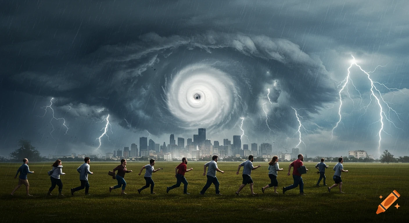Photorealistic image of people running across a field as a city is hit by a massive hurricane with lightning and rain.