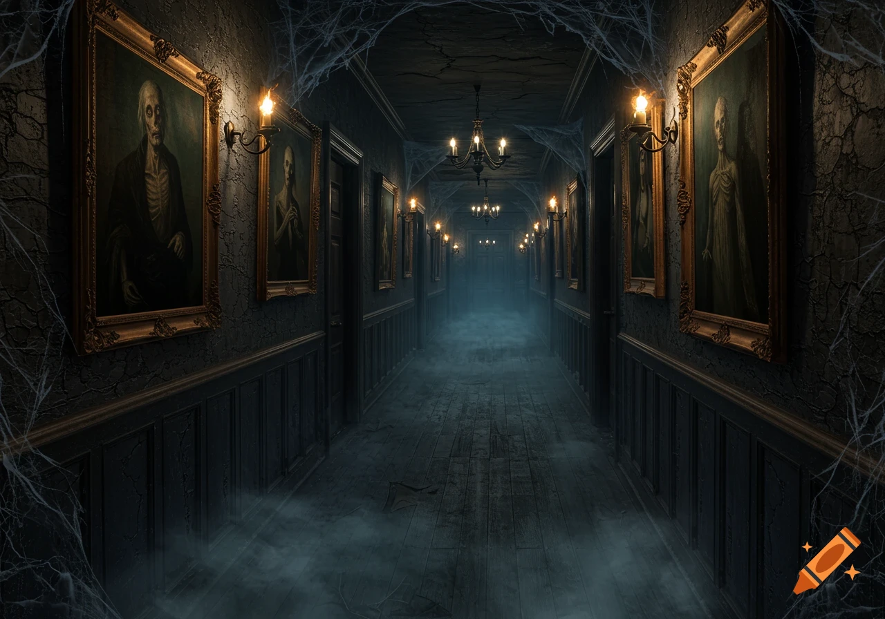 A dark, spooky hallway in a haunted house with cobwebs, mist on the floor, wall sconces, and portraits of ghouls and skeletons.
