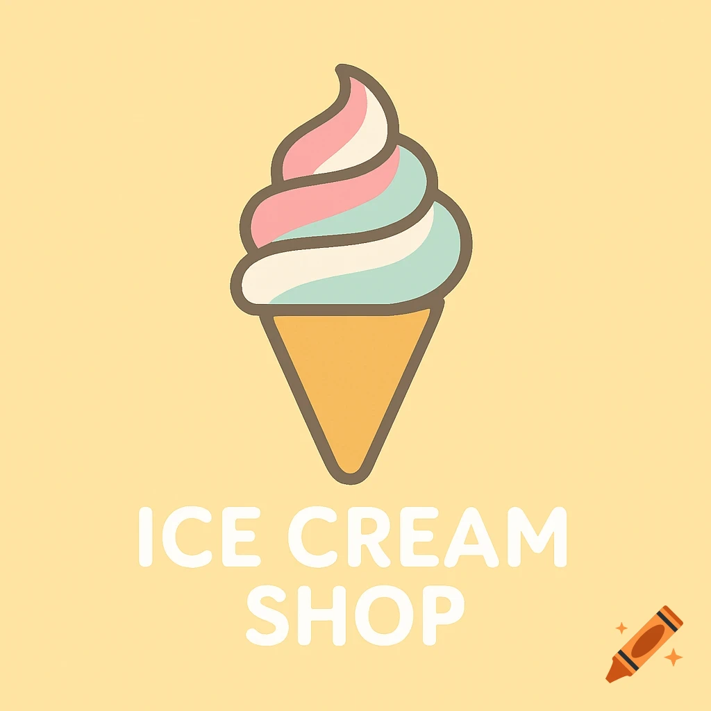A pastel-colored ice cream cone logo with the text 'ICE CREAM SHOP' on a light yellow background, in a simple illustration style.
