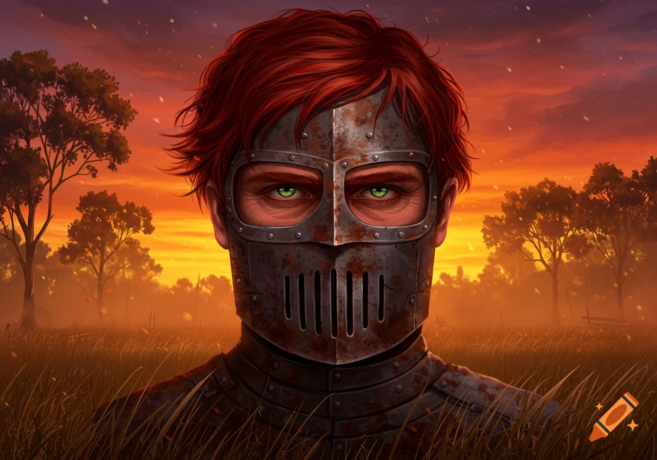 A person with red hair and glowing green eyes wears rusty, bolted metal armor and a face-covering helmet, standing in a field at sunset.