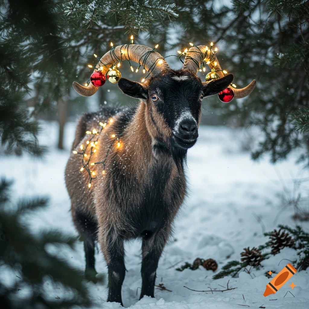 A photorealistic brown and black goat adorned with Christmas lights and ornaments stands in a snowy forest.