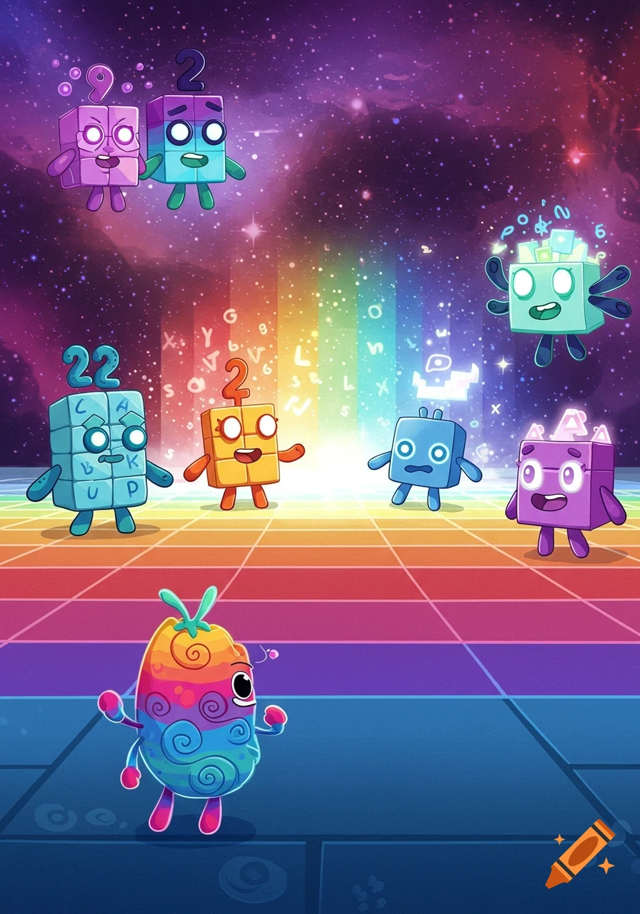 Colorful block-shaped cartoon characters with numbers and letters on them stand on a rainbow grid in a starry, cosmic background with floating letters.