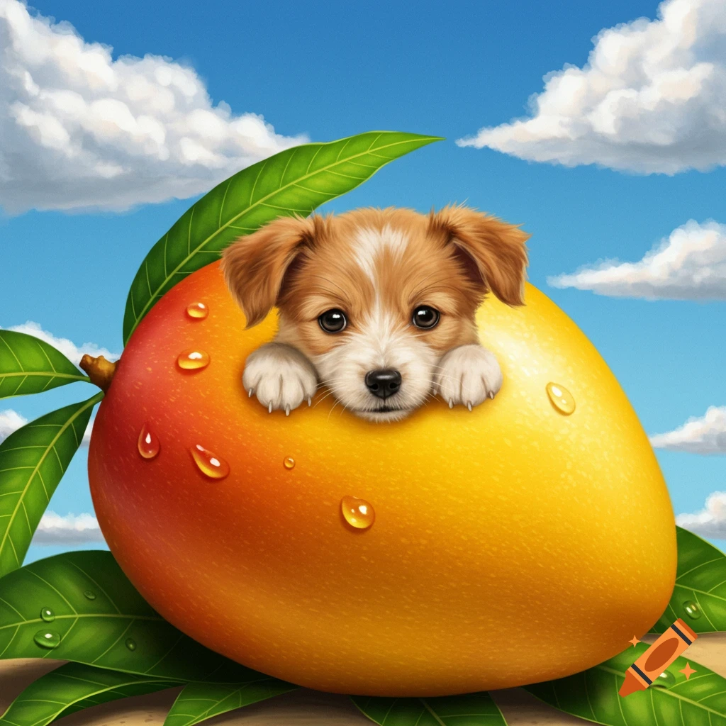 A cute brown and white puppy peeks out of a large ripe mango with water droplets, against a blue sky with white clouds.