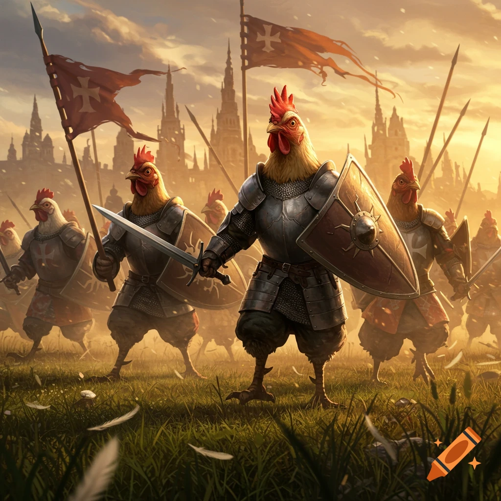A group of armored chicken knights stands on a grassy field at sunset, with medieval castles in the background, ready for battle.