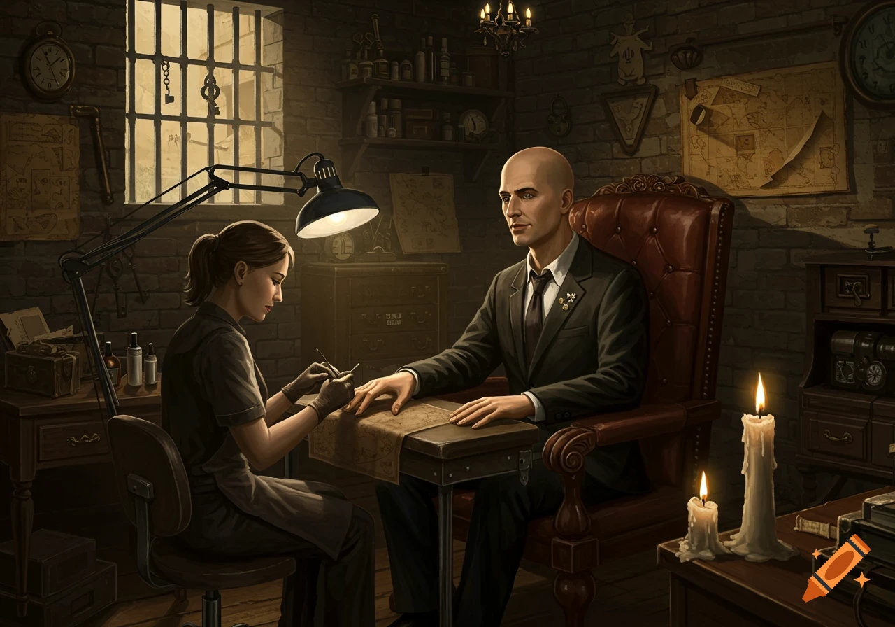 A bald man in a suit sits in a leather chair getting his nails done by a woman in a dimly lit, brick-walled room with a barred window, maps, keys, and candles.