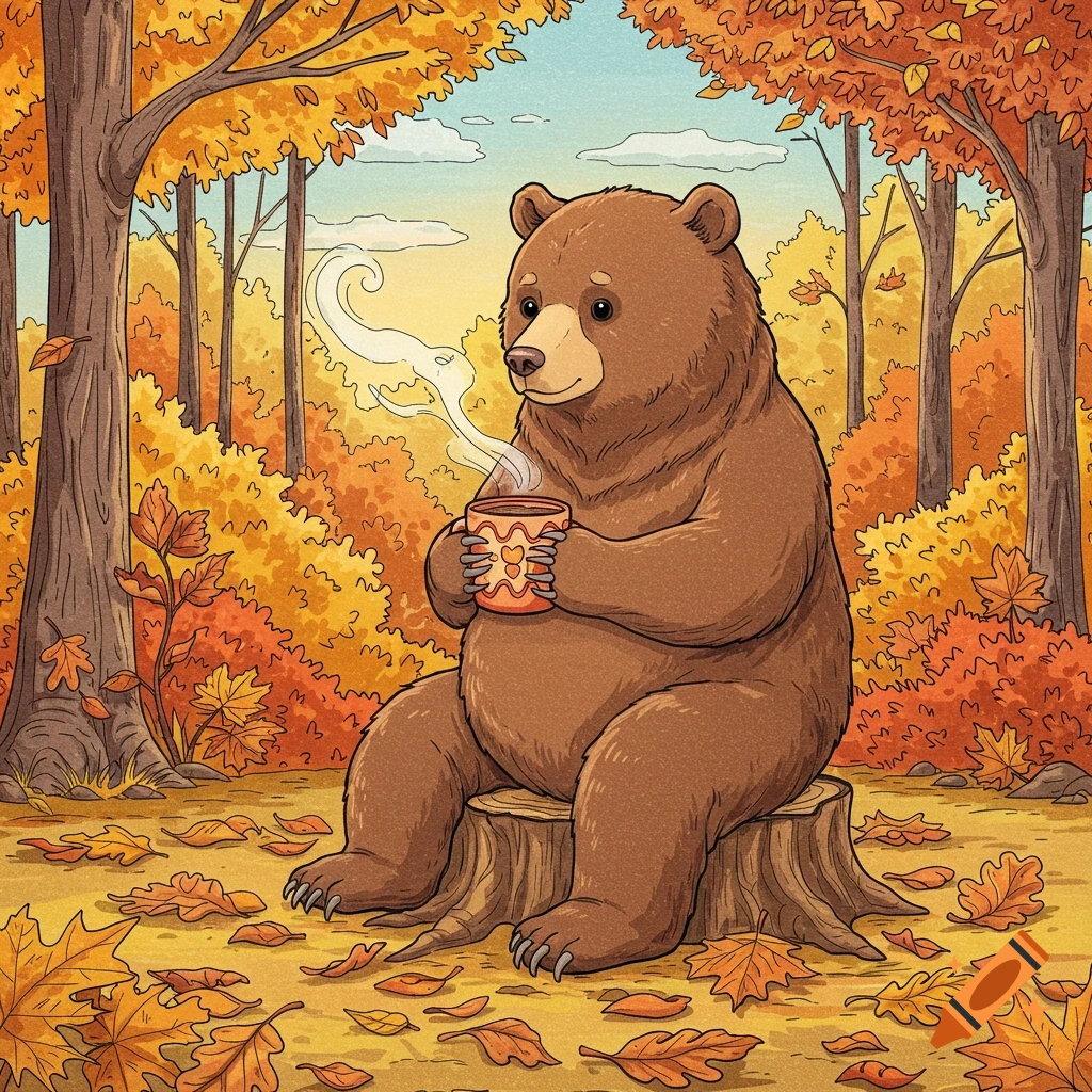 Cartoon bear sitting on a tree stump, holding a steaming mug in an autumn forest with fallen leaves.