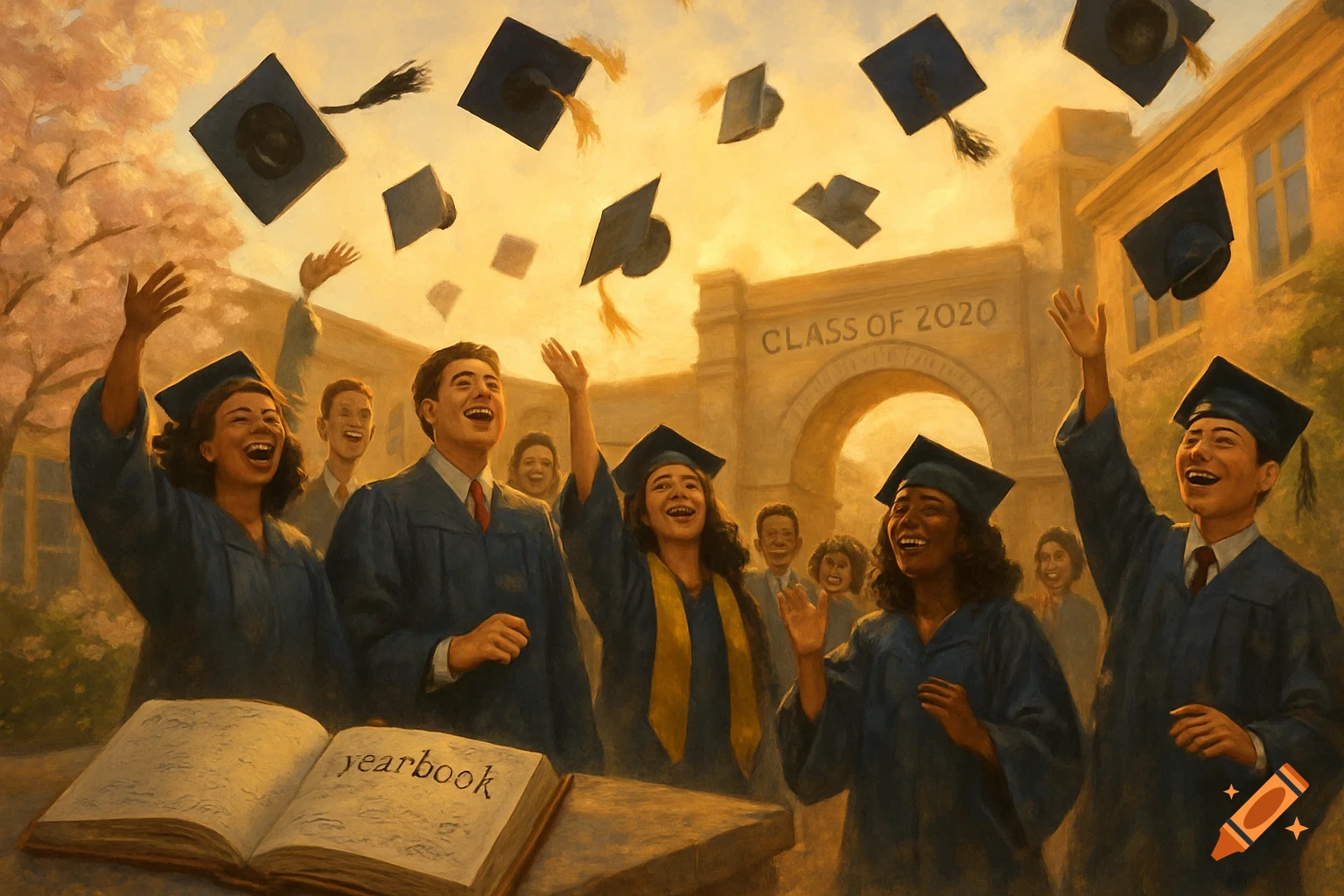 Students in graduation caps and gowns celebrate, tossing caps in the air. A yearbook and an arch with 'CLASS OF 2020' are visible. Painterly style.