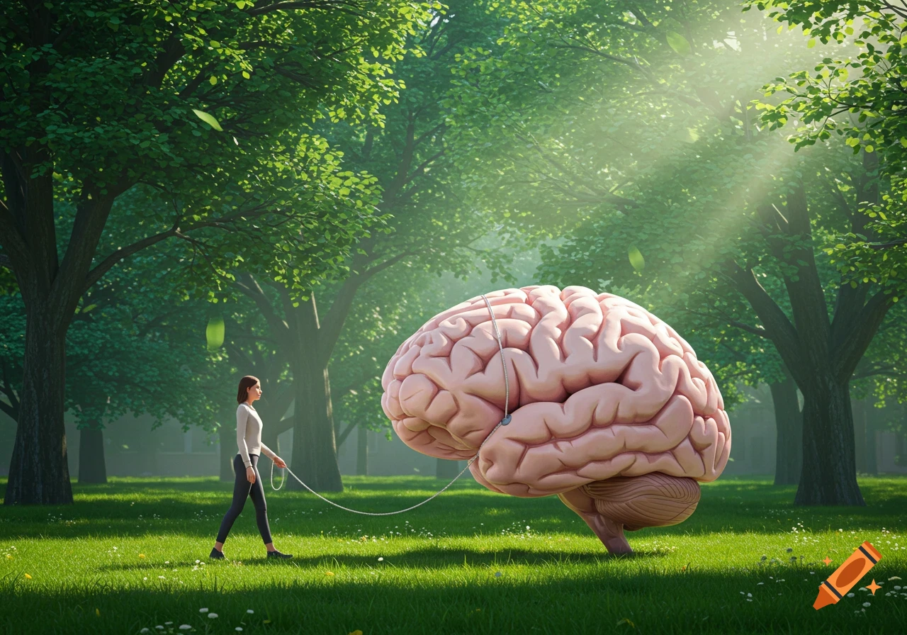 A woman walks a large, detailed human brain on a leash through a sunlit park with tall green trees and grassy ground.