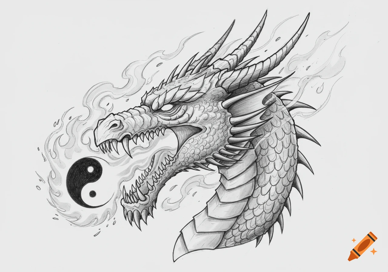 Pencil sketch of a fierce dragon's head breathing fire that forms a yin-yang symbol.