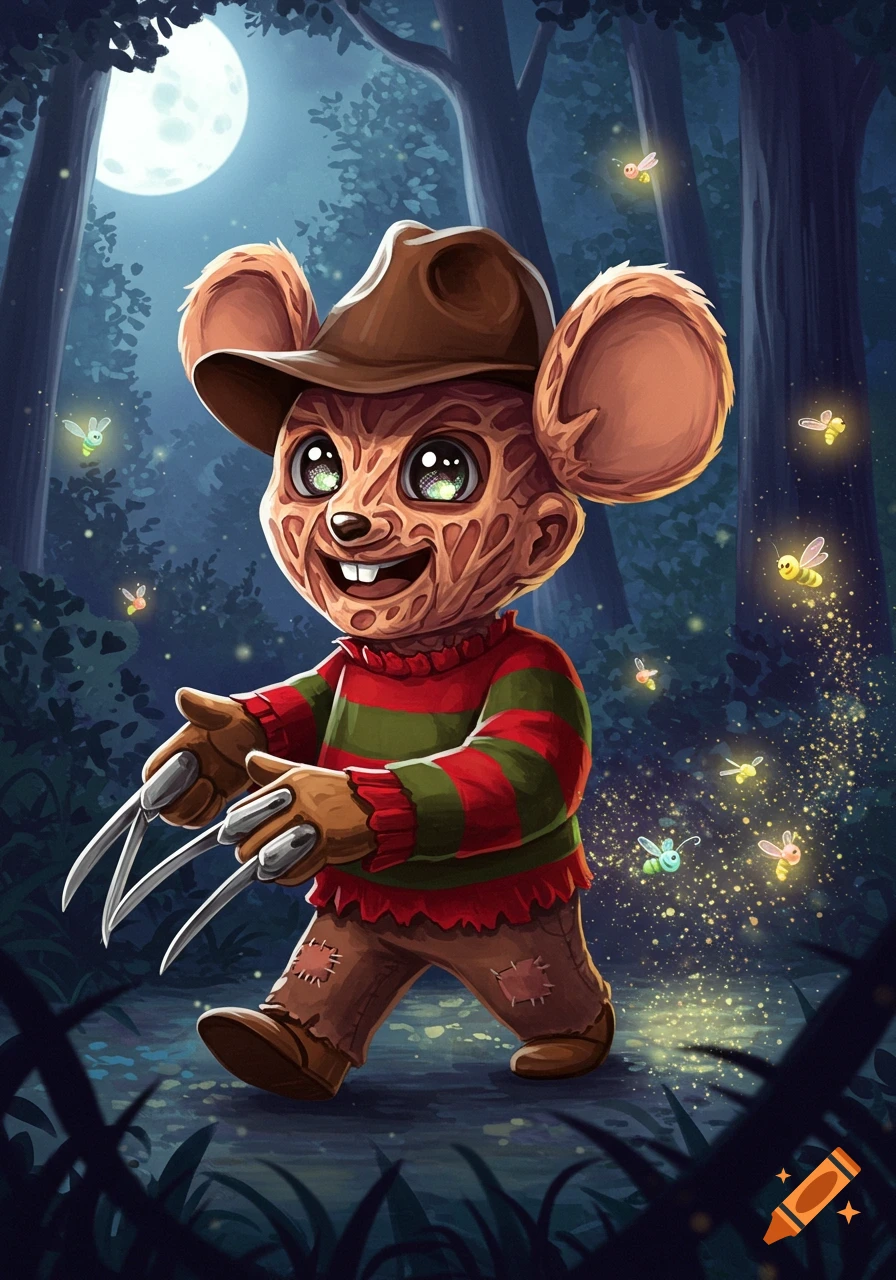 A cute cartoon mouse dressed as Freddy Krueger walks in a dark forest under a full moon with glowing fireflies.