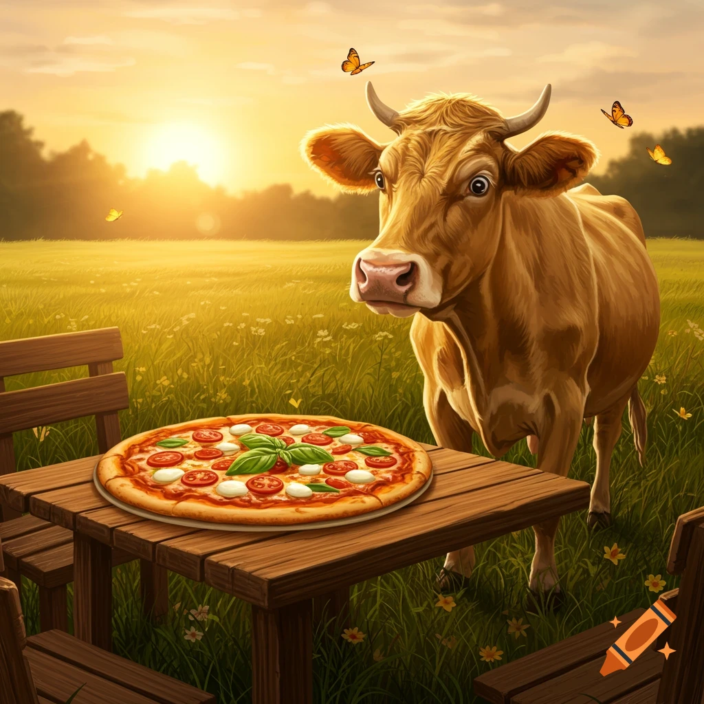 A cartoon cow stands in a golden field next to a wooden table with a pizza on it at sunset, with butterflies.
