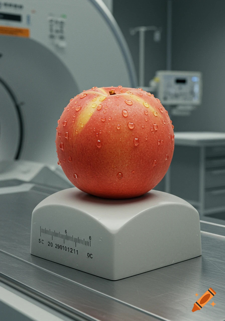 Photorealistic image of a peach with water droplets on a white MRI phantom, with a large MRI machine in the background.