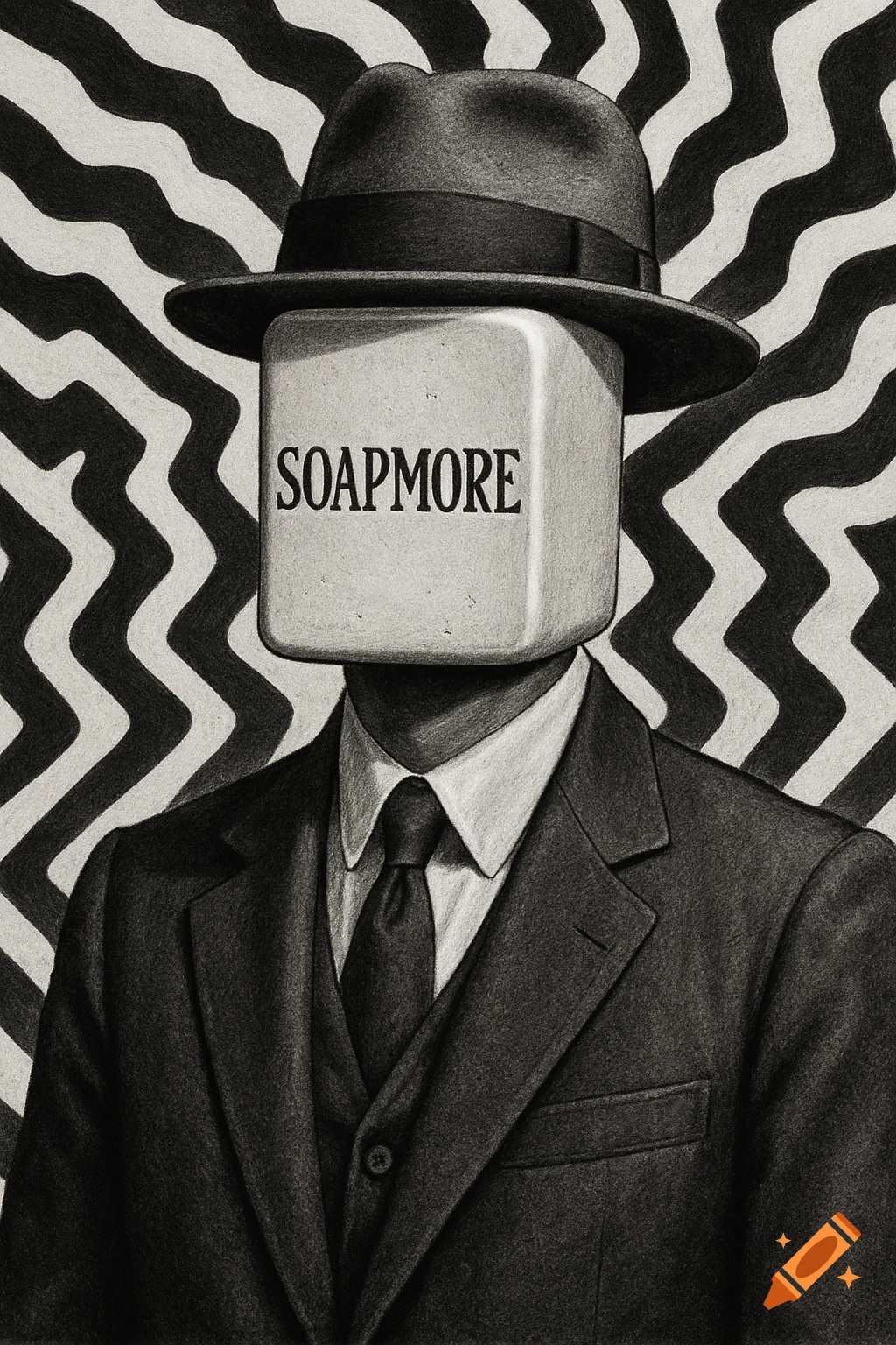 Black and white surreal illustration of a man in a suit and fedora with a bar of soap for a face that reads 'SOAPMORE', against a zig-zag background.