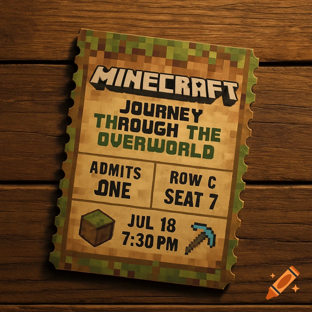 A realistic Minecraft-themed movie ticket with pixelated borders and game icons rests on a wooden table.