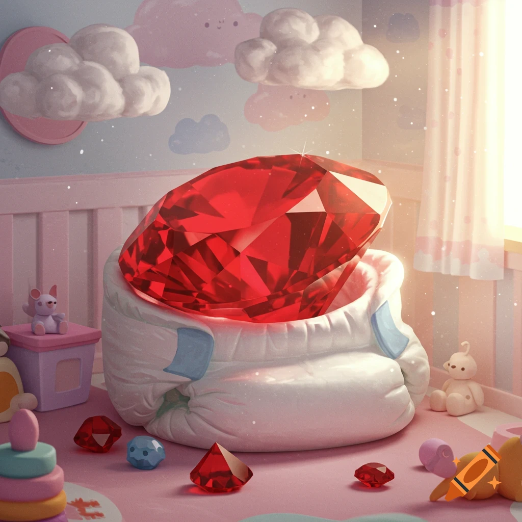 A giant faceted red ruby sits inside a white baby diaper on a pink rug in a pastel nursery with fluffy clouds and small toys.