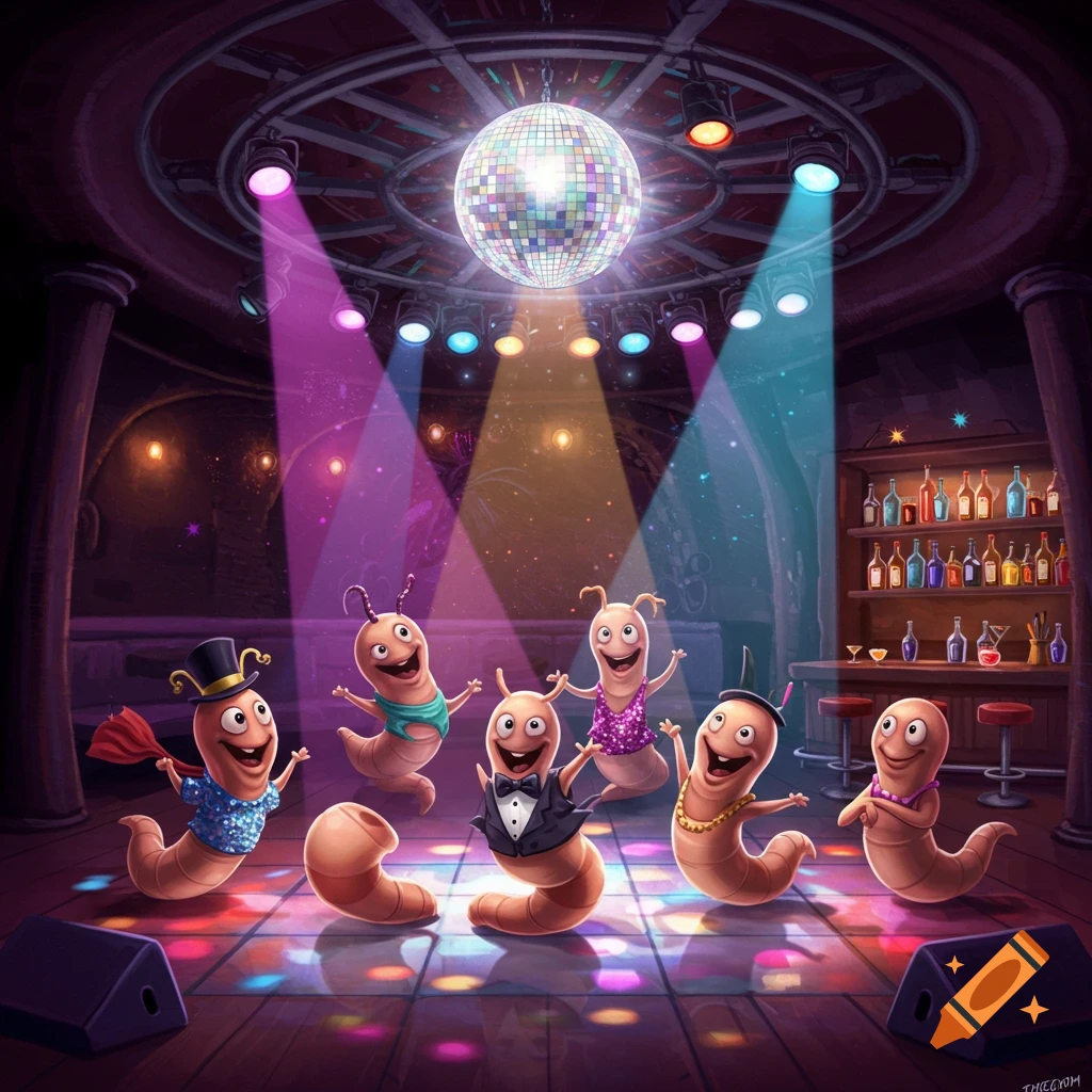 Six cartoon worms wearing various outfits dance under a disco ball in a dimly lit club with a bar.