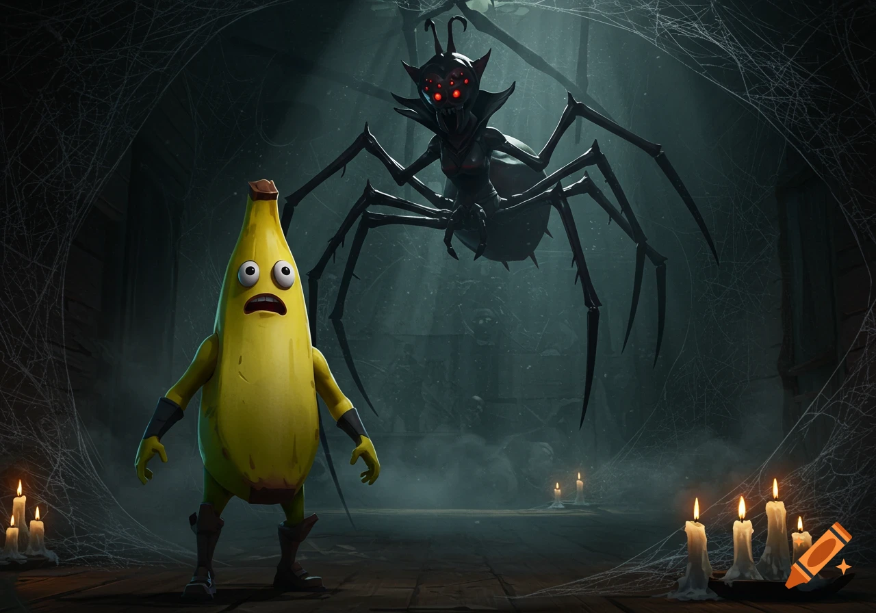 Fortnite's Peely, a banana character, looks scared at a giant, monstrous spider in a dark, web-covered room with candles, digital art.
