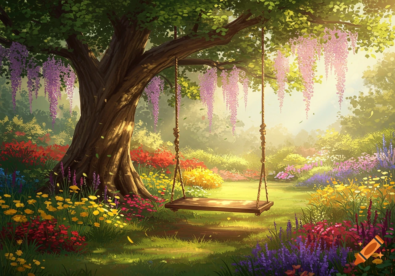 A wooden swing hangs from a large tree with purple wisteria in a sunny, vibrant garden filled with colorful flowers.
