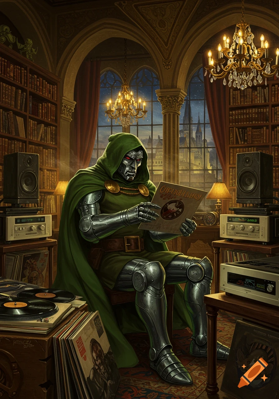 Doctor Doom in his iconic armor and green cloak sits in a grand library, looking at a vinyl record next to a stereo system.