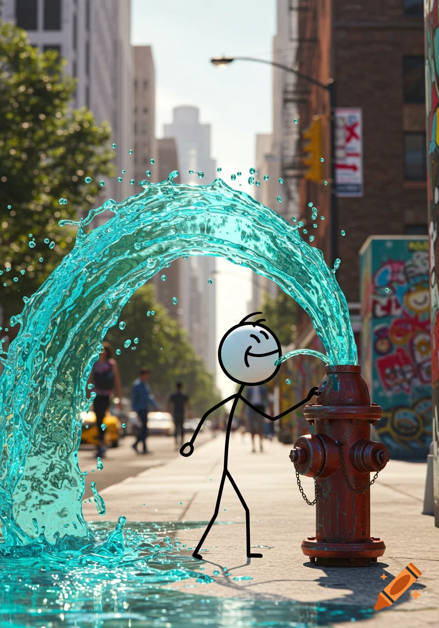 A cartoon stick figure cheerfully drinks a stream of bright blue water gushing from a red fire hydrant on a sunny city street.