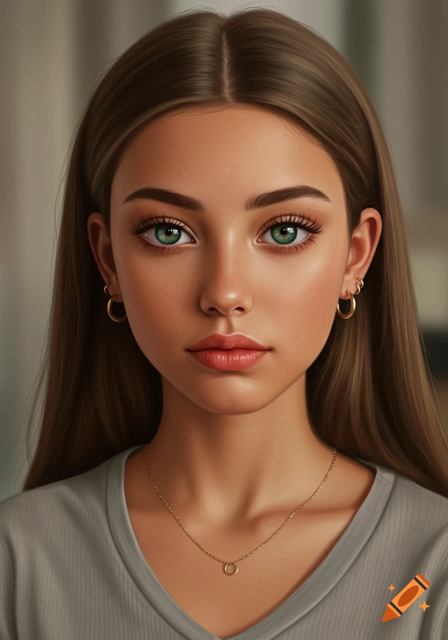 Photorealistic portrait of a young woman with green eyes, long brown hair, wearing a grey shirt, gold necklace, and hoop earrings.