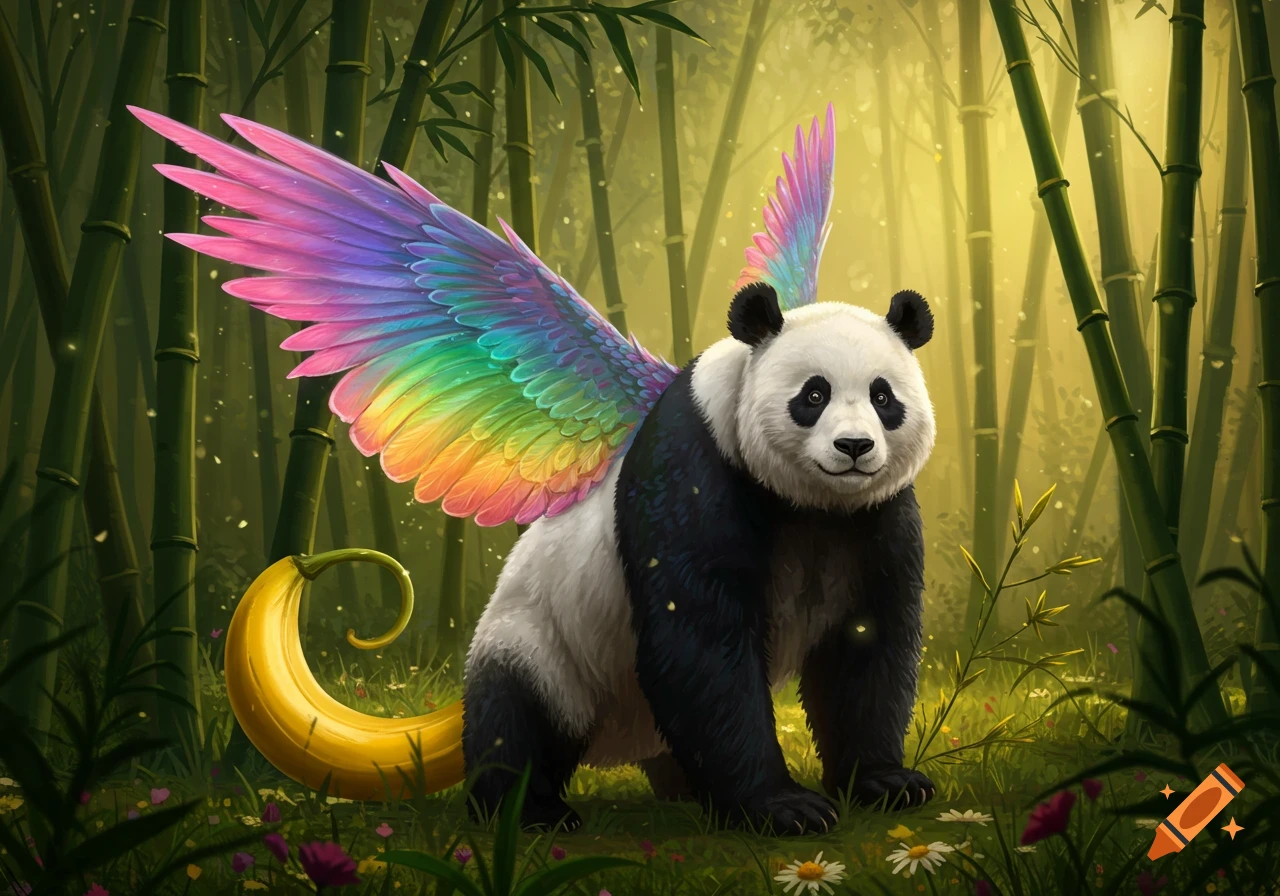 A whimsical panda with vibrant rainbow wings and a golden banana tail stands in a lush bamboo forest.
