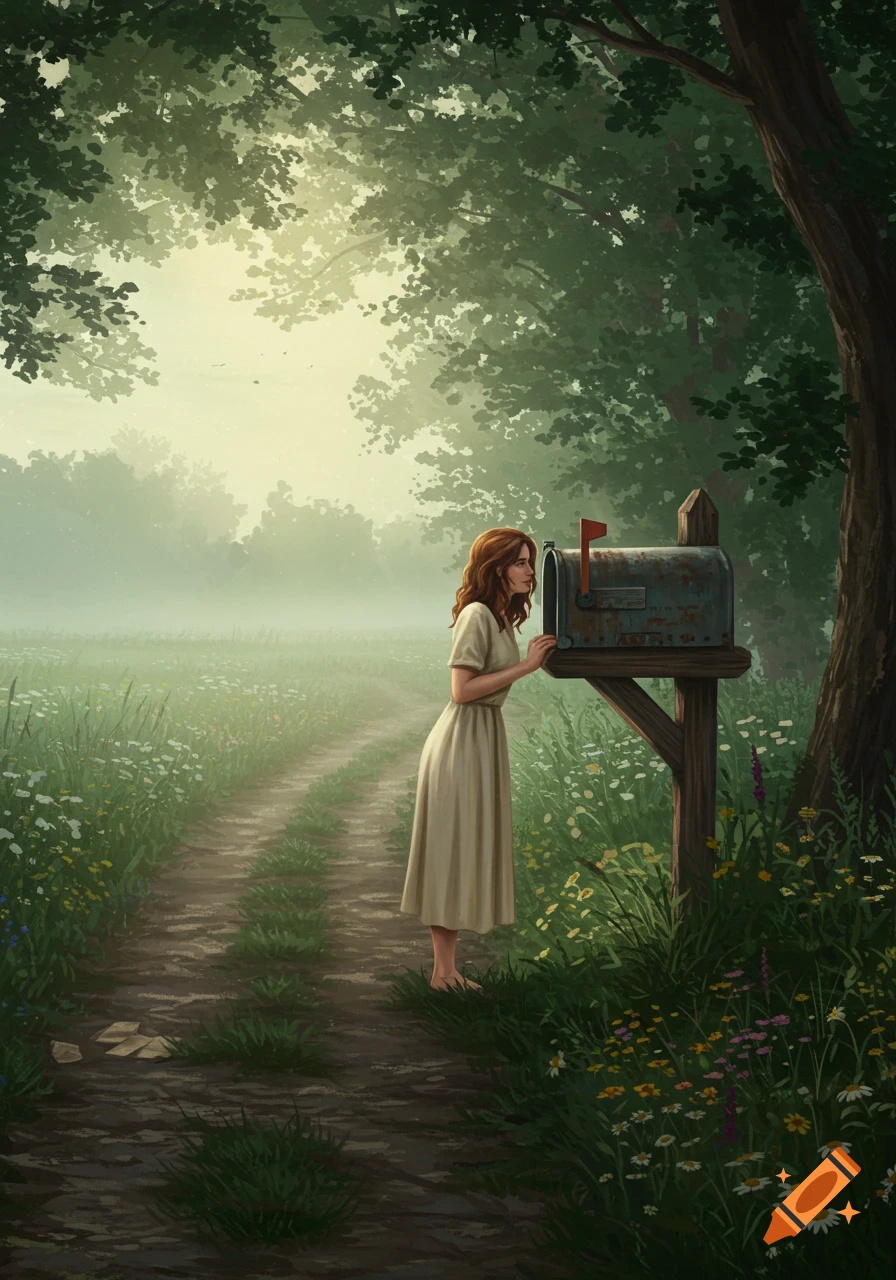A woman in a beige dress peers into an old mailbox on a dirt path in a misty, overgrown field under a canopy of green trees.