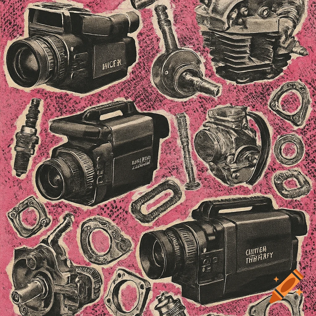 Chaotic 1980s punk xerox collage with vintage VHS camcorders and motorcycle engine parts on a pink background.
