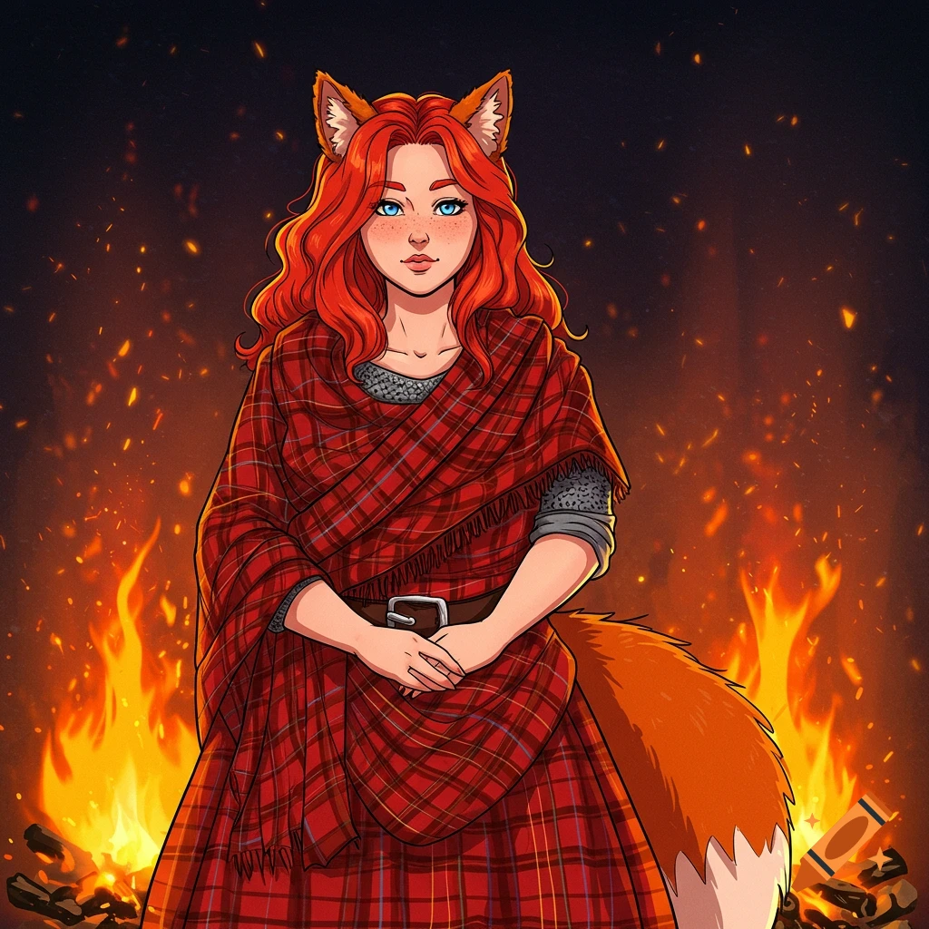 An anime-style illustration of a red-haired woman with fox ears and tail, wearing a red tartan shawl over a medieval gown, standing before a crackling fire.