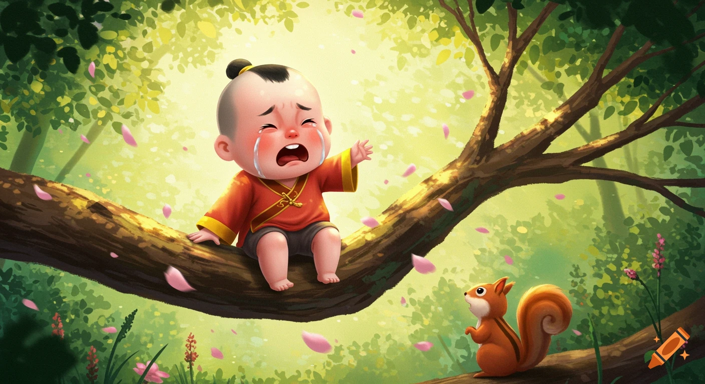 A cute, crying Chinese baby with a topknot sits on a tree branch, reaching out to a squirrel in a lush, green forest with falling pink petals.