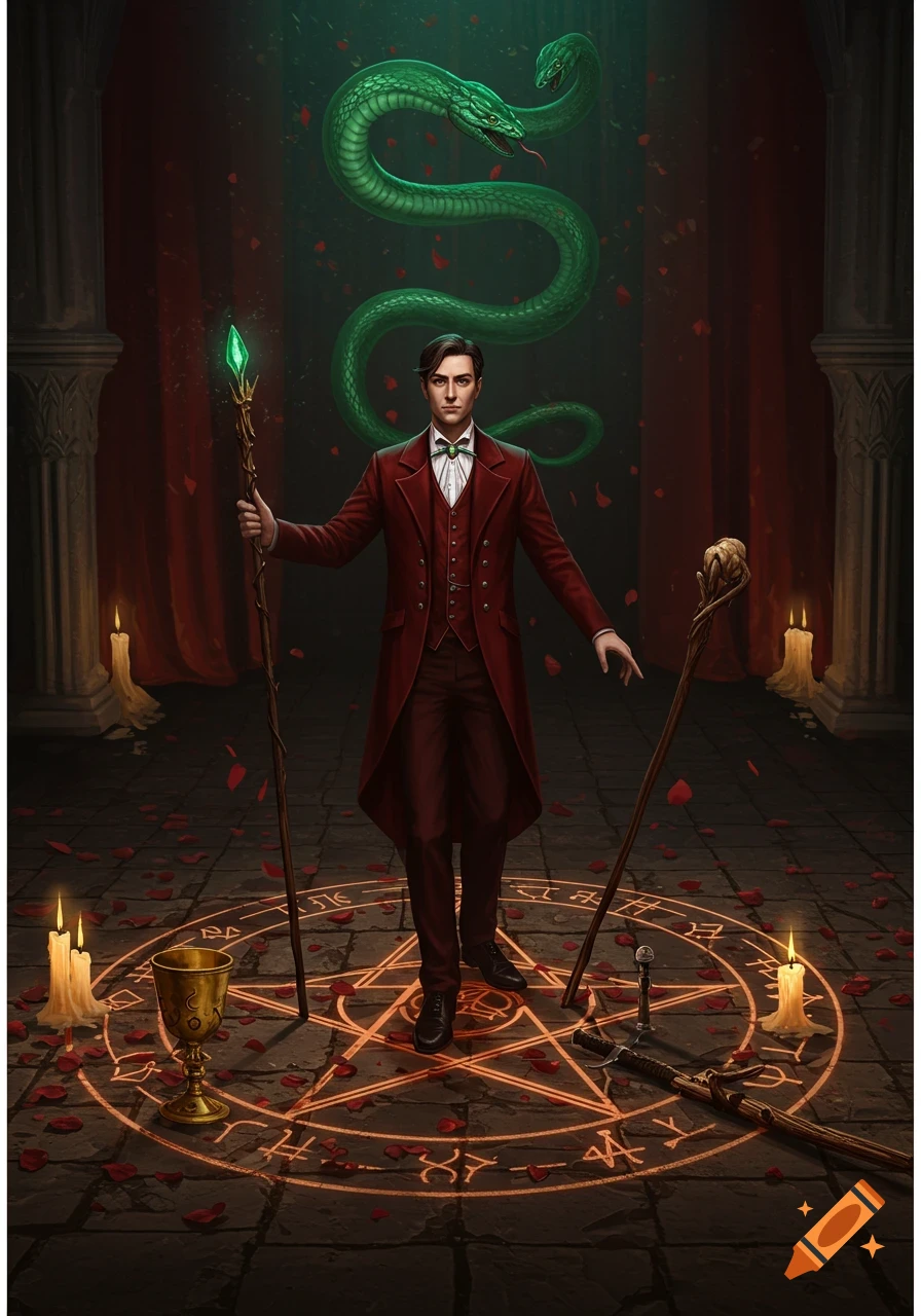 A gothic man in a red coat stands on a glowing pentagram, holding a magical staff. A large green snake hovers above him in a dark, mysterious chamber littered with rose petals, candles, a golden cup, and a sword.