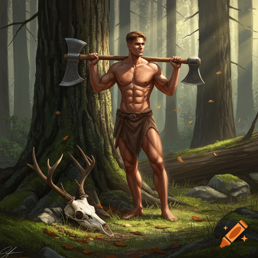 A muscular, shirtless man holds a double-bladed axe across his shoulders in a sunlit forest, with a deer skull nearby.