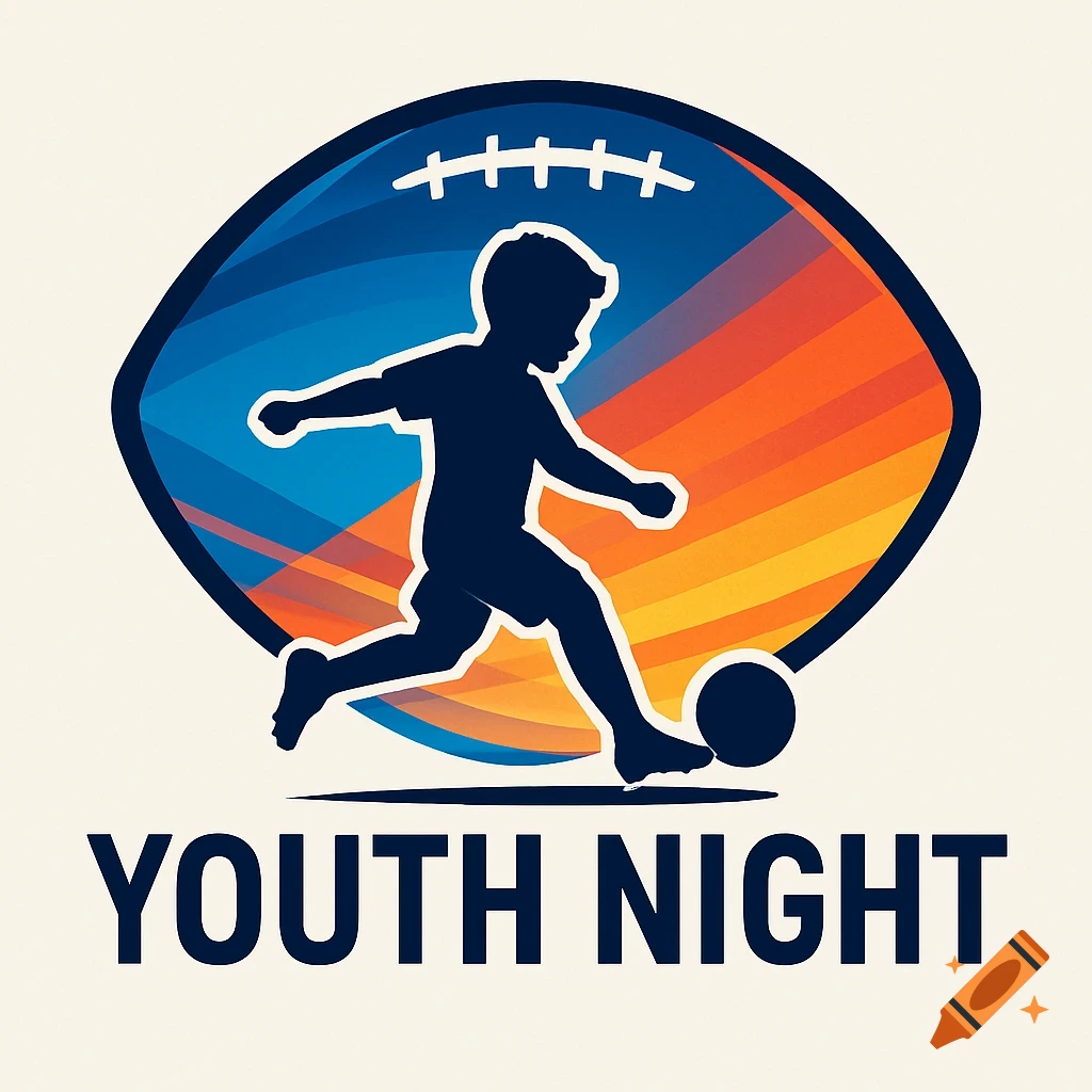 A colorful logo with a child's silhouette kicking a soccer ball inside an American football shape, text 'YOUTH NIGHT'.