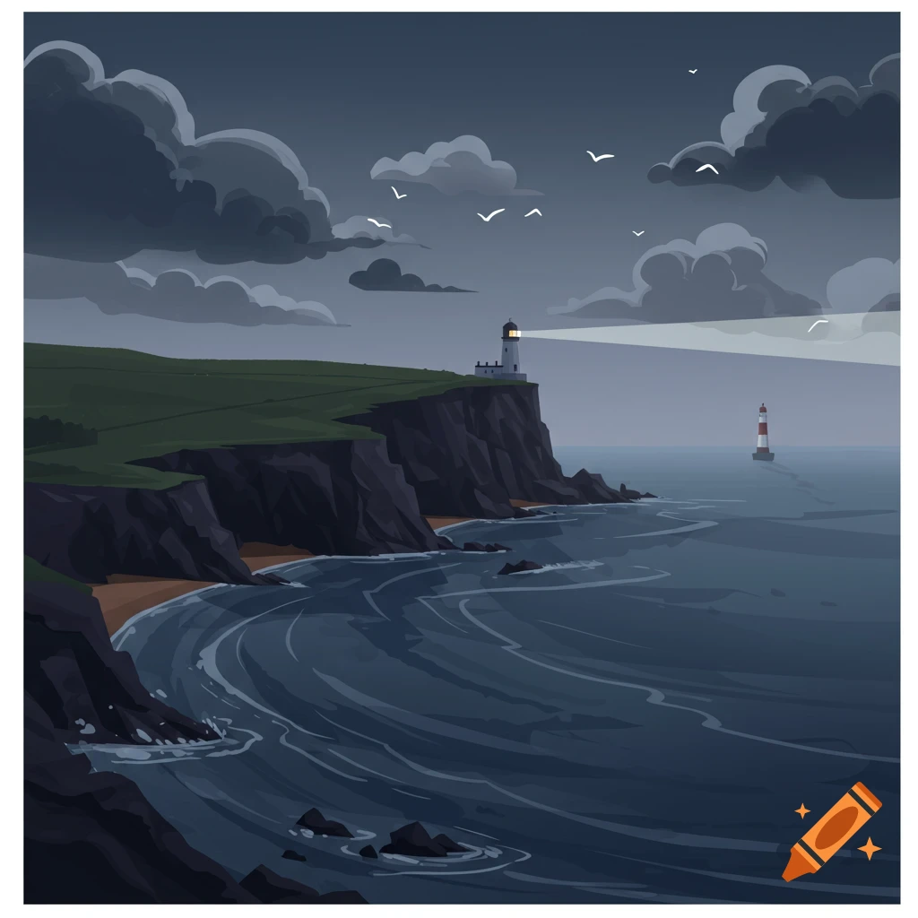 A cartoon lighthouse on a dark cliff illuminates a moody sea under cloudy skies, with another distant lighthouse visible.