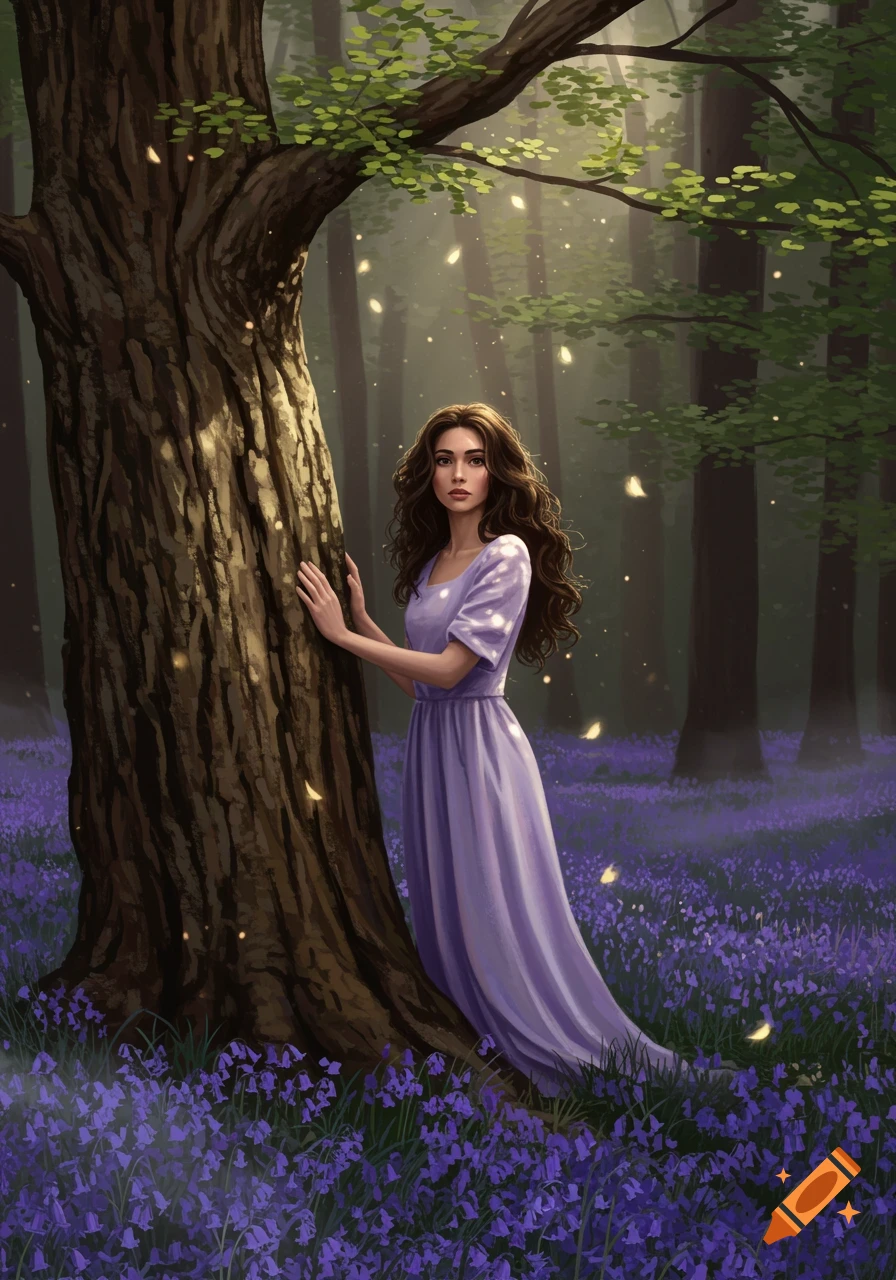 A painting of a woman with long brown hair in a lilac dress standing by a tree in a purple bluebell forest, with magical light particles floating around.