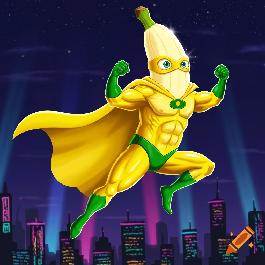A cartoon banana superhero in a yellow and green suit and cape flies over a city at night.