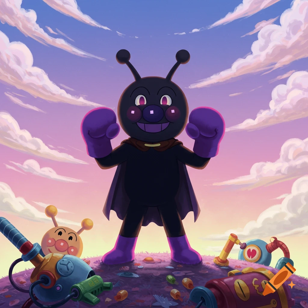 A stylized cartoon character resembling Baikinman with purple boxing gloves and boots stands on a hill under a vibrant sky, surrounded by broken cartoon machinery and another character's head.