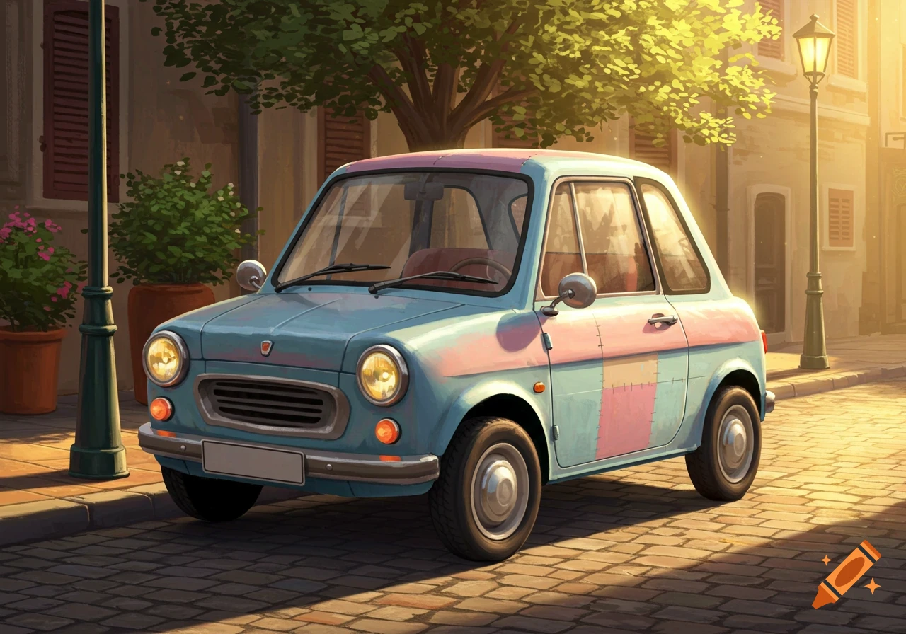 A light blue and pink vintage car with a patchwork-like paint job, parked on a cobblestone street in warm sunset light, in a painted style.