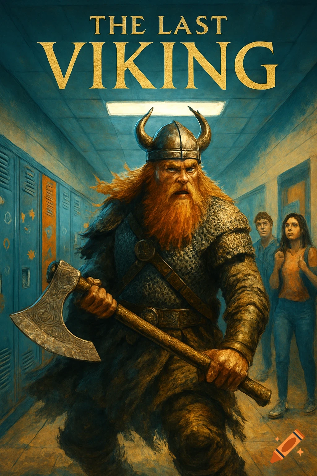 Painterly movie poster of a Viking warrior with an axe in a modern high school hallway, watched by surprised students.