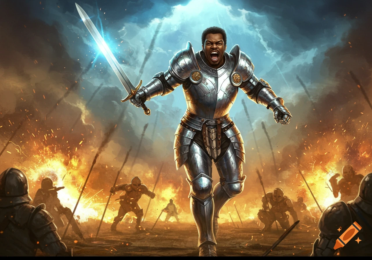 A powerful Black knight in shining armor yells, holding a glowing sword, on a fiery battlefield with other soldiers.