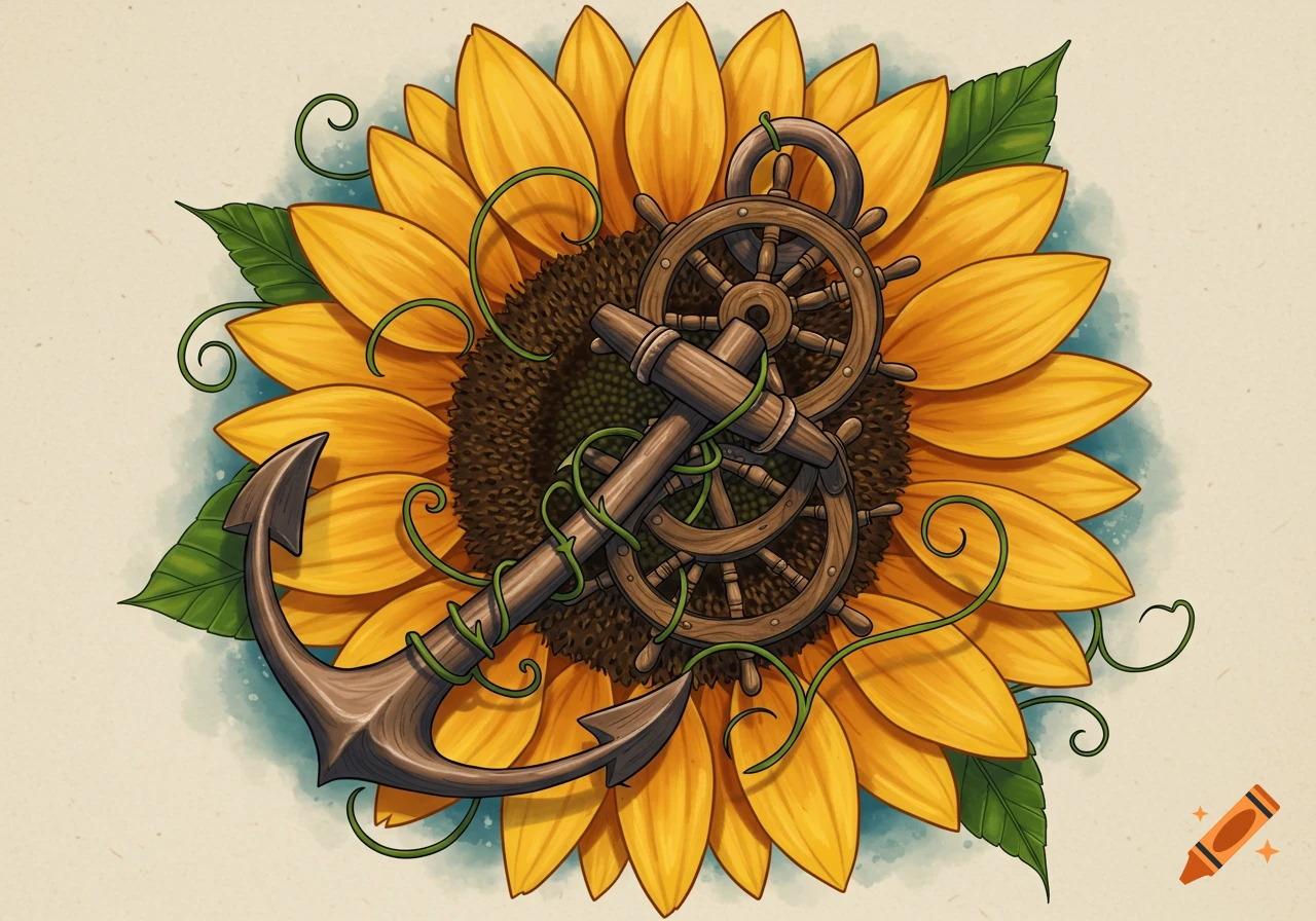 Illustrative tattoo design with a brown anchor and two wooden ship's wheels over a vibrant yellow sunflower with green leaves.