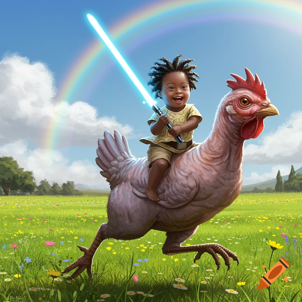 A smiling child with a lightsaber rides a hairless chicken through a field of wildflowers under a rainbow.