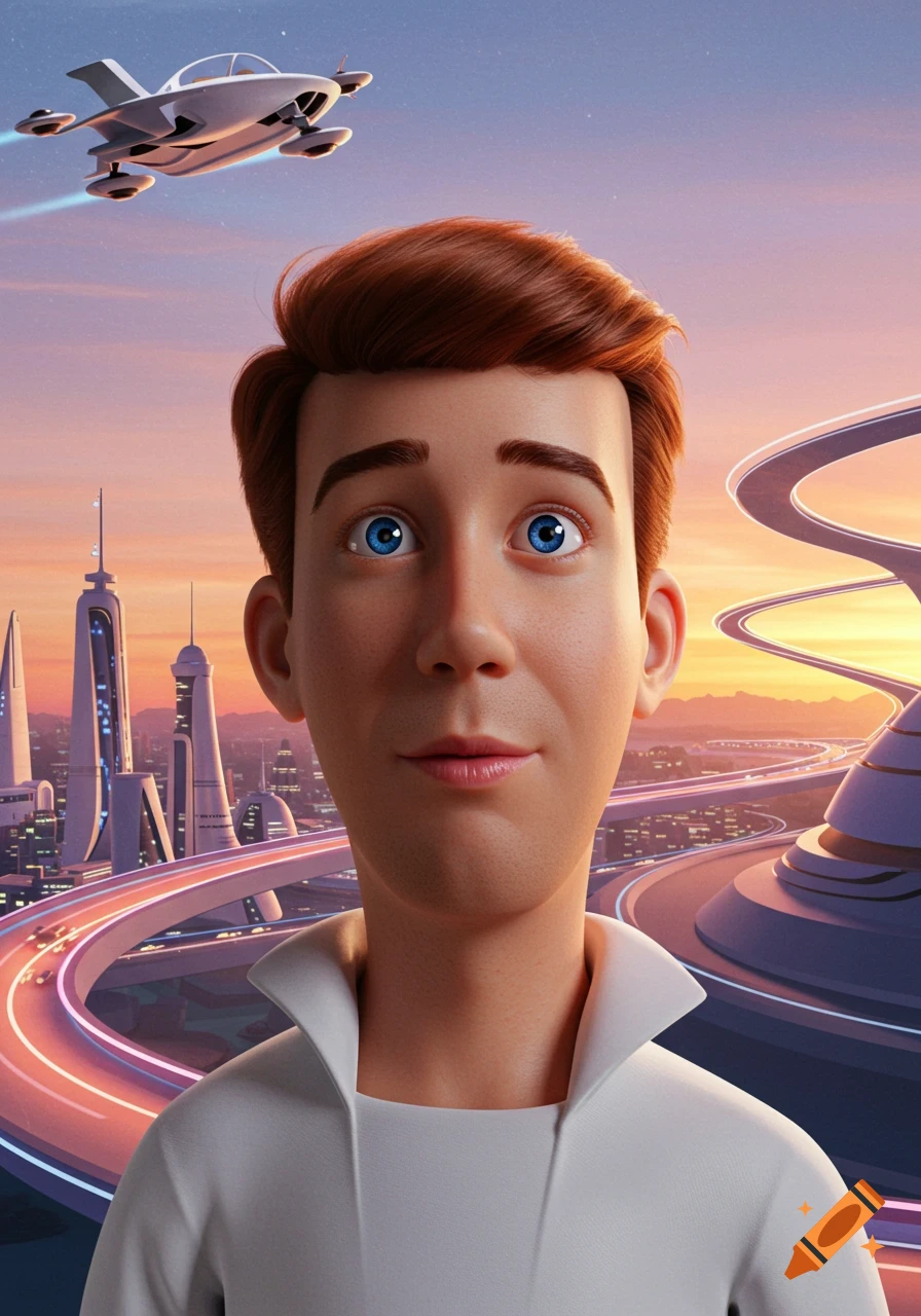 A 3D animated man with red hair, like George Jetson, looks up in a futuristic city with flying cars.