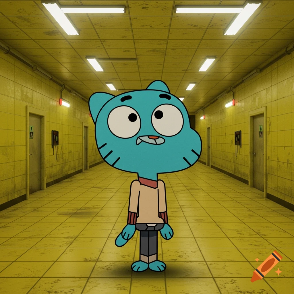 Gumball Watterson, a blue cartoon cat, stands in a long, yellow, tiled corridor with bright fluorescent lights, similar to the Backrooms.