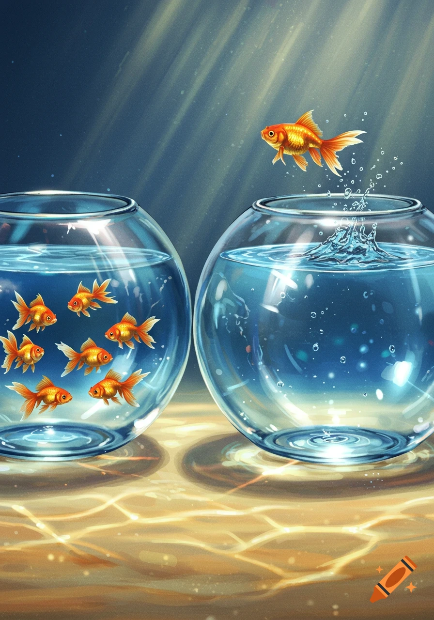 Digital illustration of a goldfish leaping from one glass bowl containing several other fish into an empty, shimmering bowl.