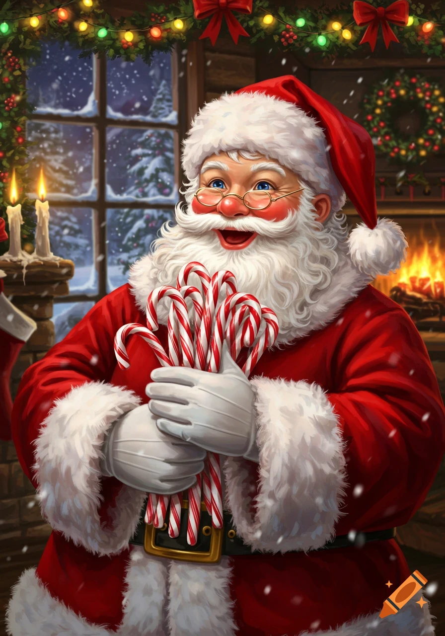 A cheerful Santa Claus with a white beard gleefully holds candy canes in a festive room with a fireplace and snowy window.
