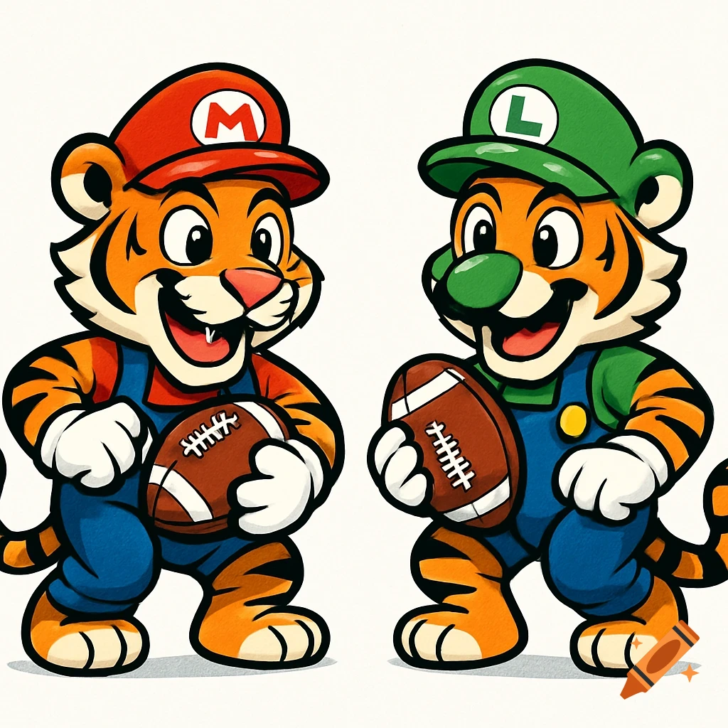 Two cartoon tigers dressed as Mario and Luigi, holding American footballs on a white background.
