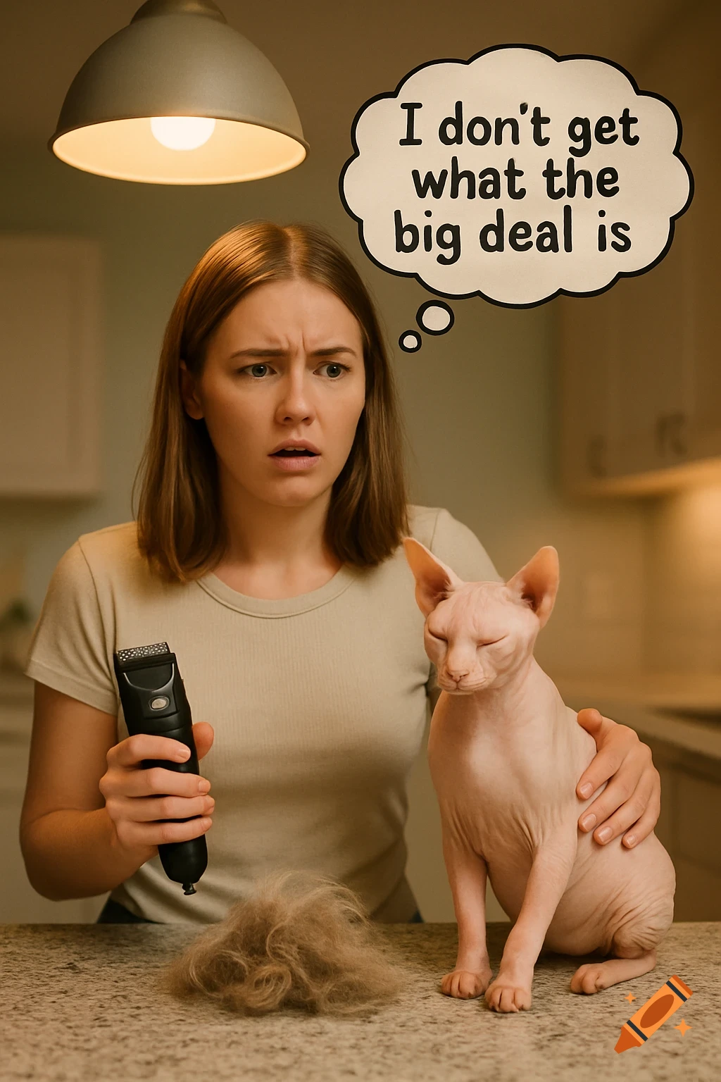 Photorealistic image of a confused woman holding a clipper, looking at a hairless cat and a pile of fur. Thought bubble: 'I don't get what the big deal is.'